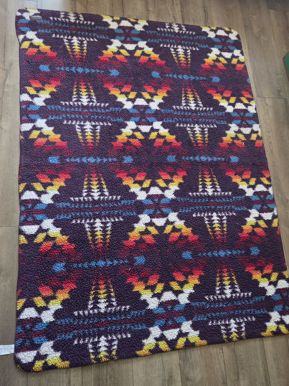 Pendleton Brown Leather Logo Patch with Purple and Yellow Wool Throw Blanket
